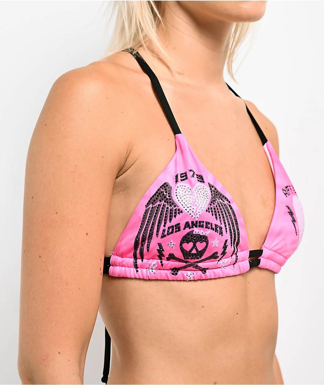 Affliction Broken Heart Rhinestone Pink Triangle Bikini Top Product Image