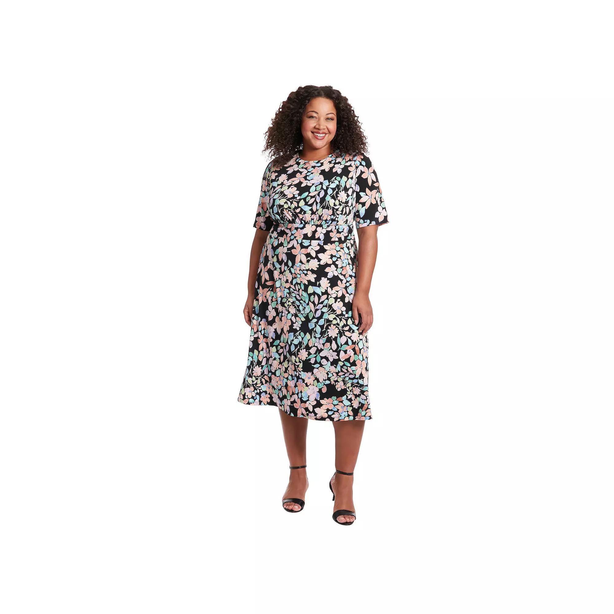 Plus Size London Times Floral Print Elbow Sleeve Inset Waist Midi Dress, Women's, Size: 14 W, Black Lilac Product Image