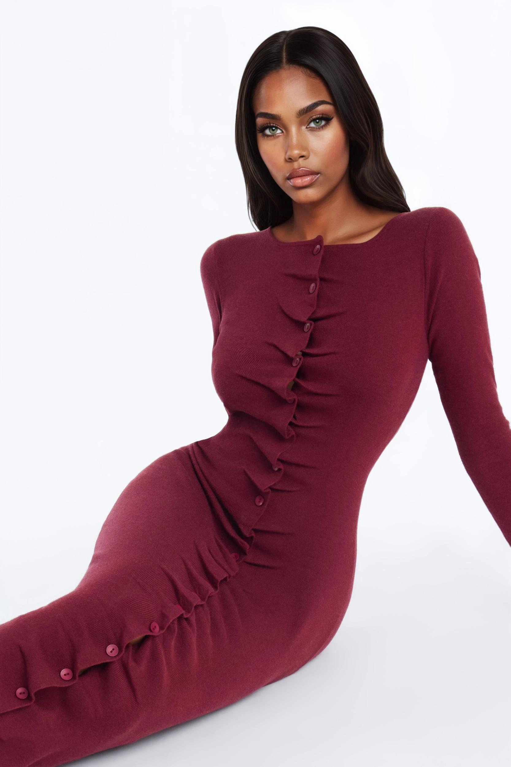 Jaime Sweater Button Up Midi Dress - Burgundy Female Product Image