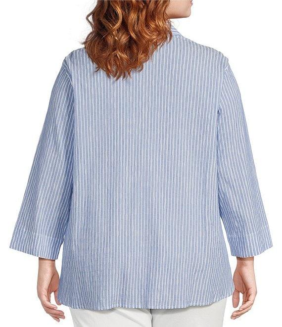 Ali Miles Plus Size Woven Yarn-Dye Striped Wire Neck 3/4 Sleeve Hi-Low Hem Button Front Tunic Product Image
