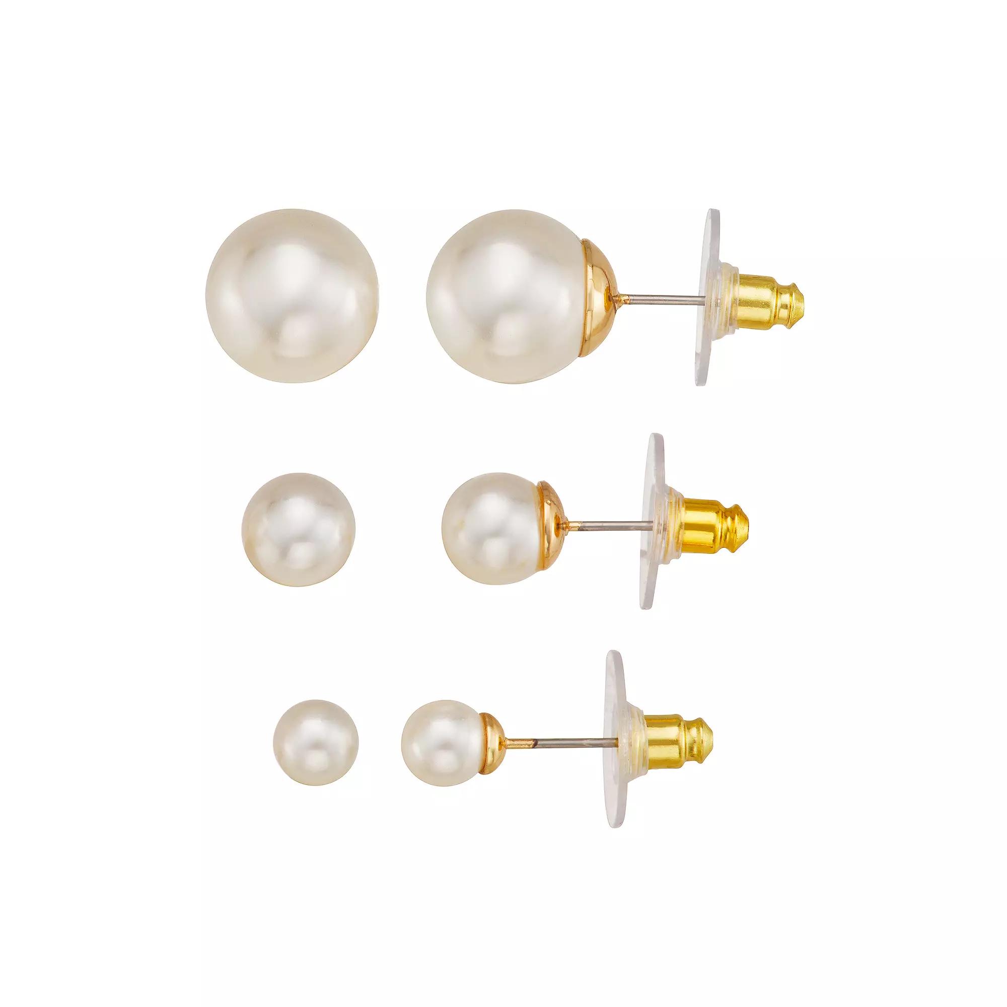 You're Invited Simulated Pearl 3-Pair Stud Earring Set (6/10/12mm), Women's, White Product Image