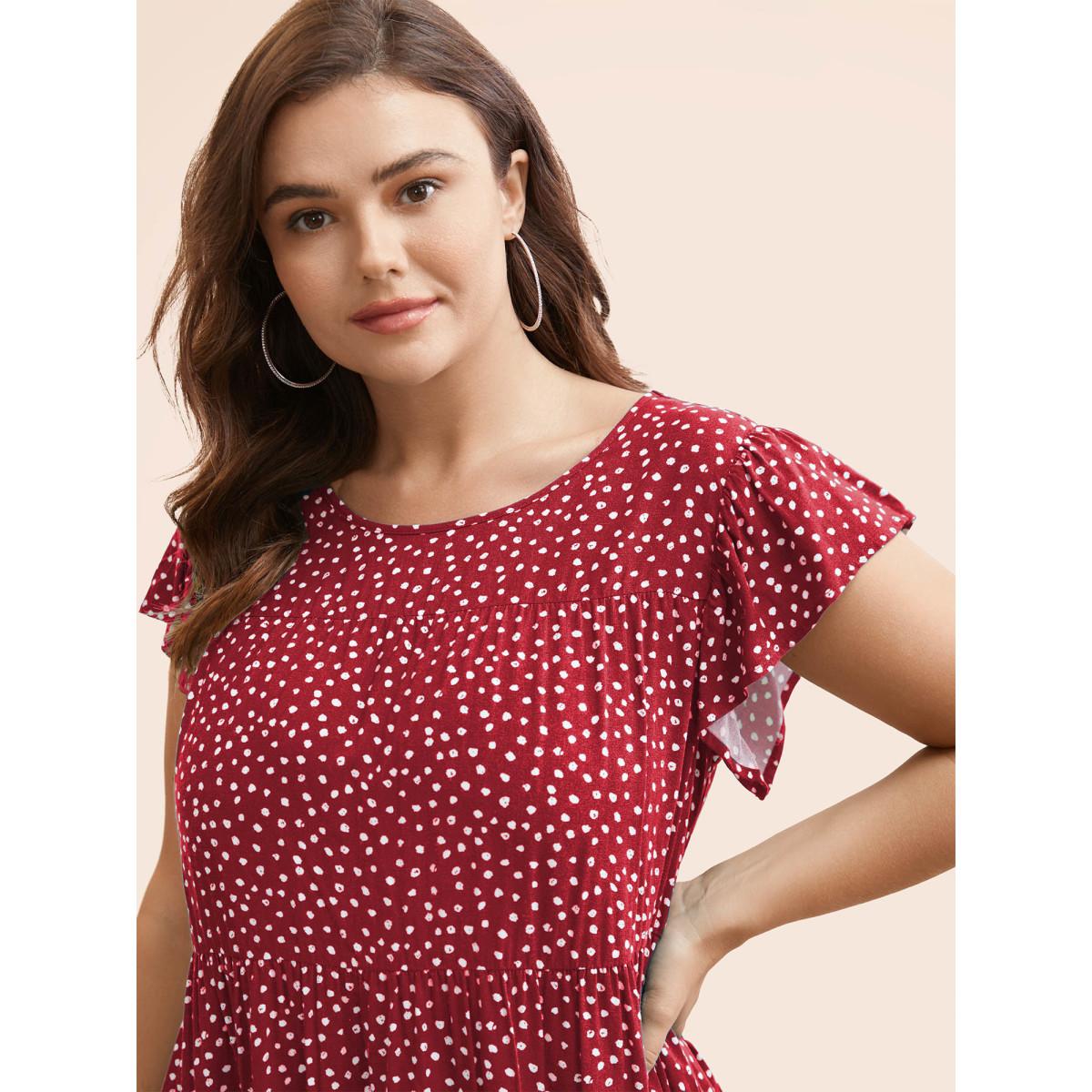 Plus Size Scarlet Allover Print Cap Sleeve Ruffle Hem Gathered Blouse Women Casual Cap Sleeve Round Neck Everyday Blouses BloomChic 10/M Product Image