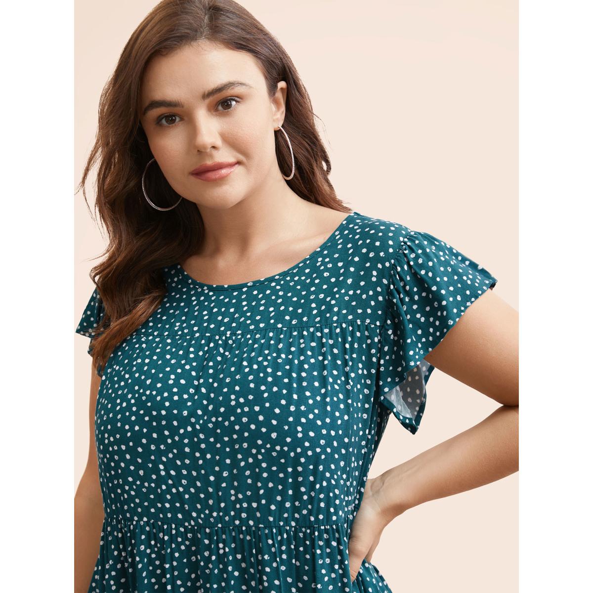 Plus Size Cyan Allover Print Cap Sleeve Ruffle Hem Gathered Blouse Women Casual Cap Sleeve Round Neck Everyday Blouses BloomChic 14-16/1X Product Image