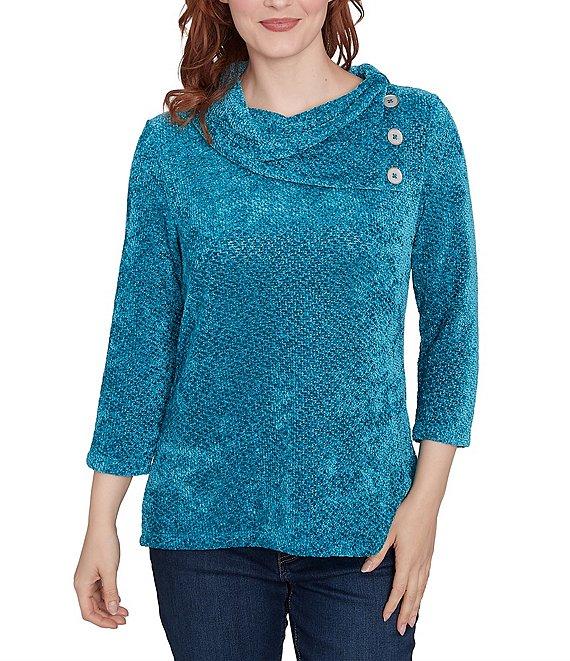 Ruby Rd. Sequin Chenille Knit Cowl Asymmetrical Neck 3/4 Sleeve Sweater Product Image