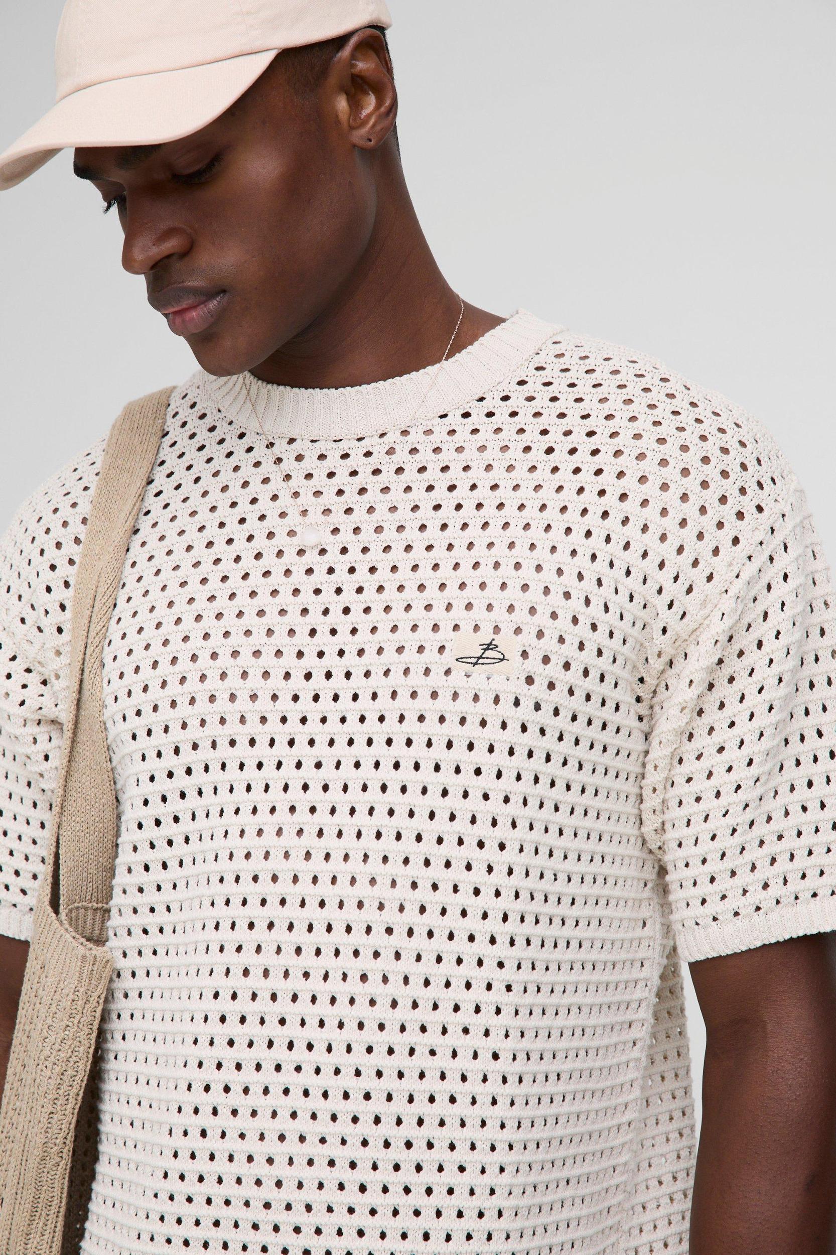 Regular Fit Open Stitch Knitted T-Shirt | boohooMAN USA Product Image