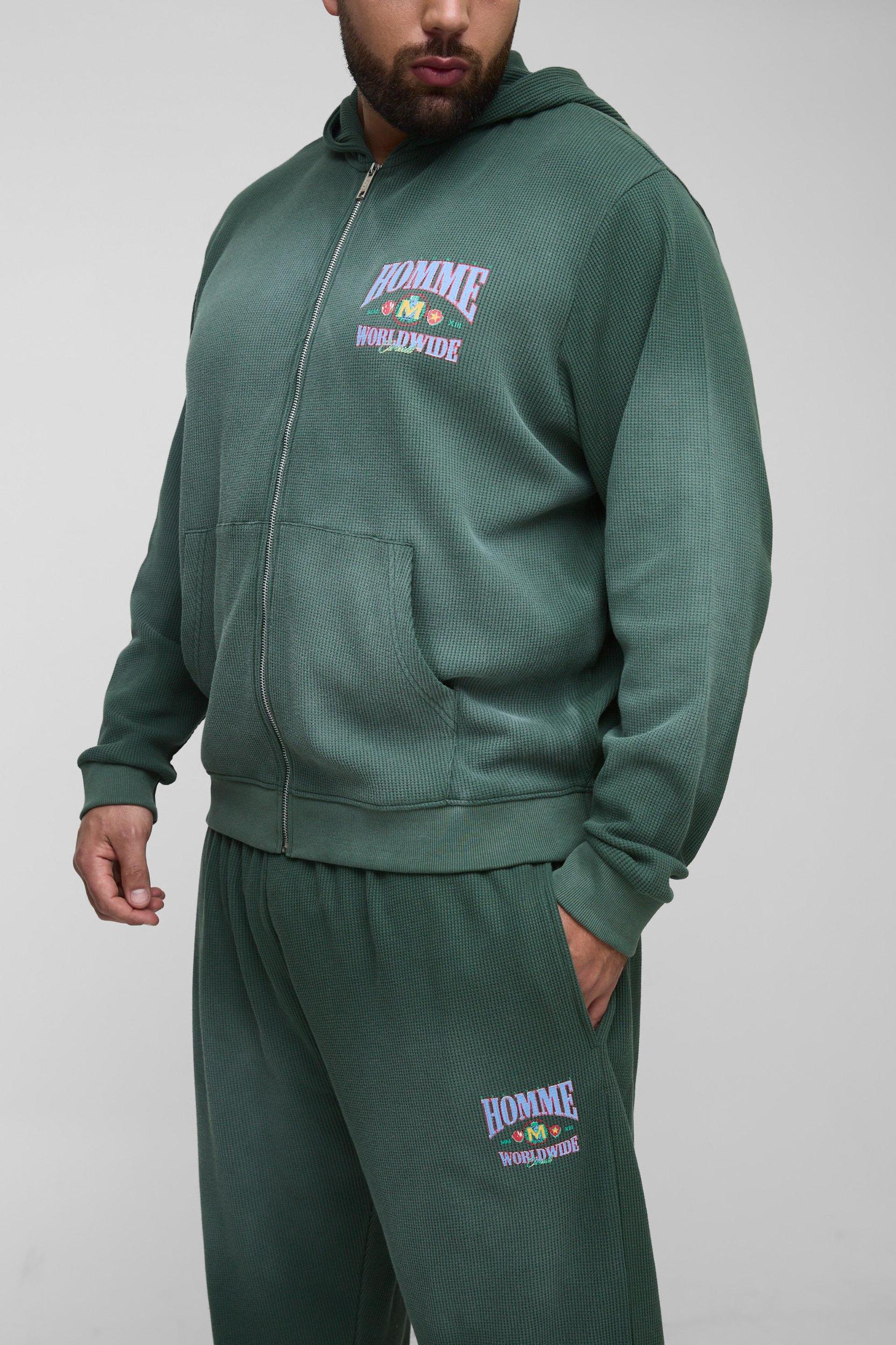 Plus Spray Wash Waffle Graphic Hooded Tracksuit | boohooMAN USA Product Image
