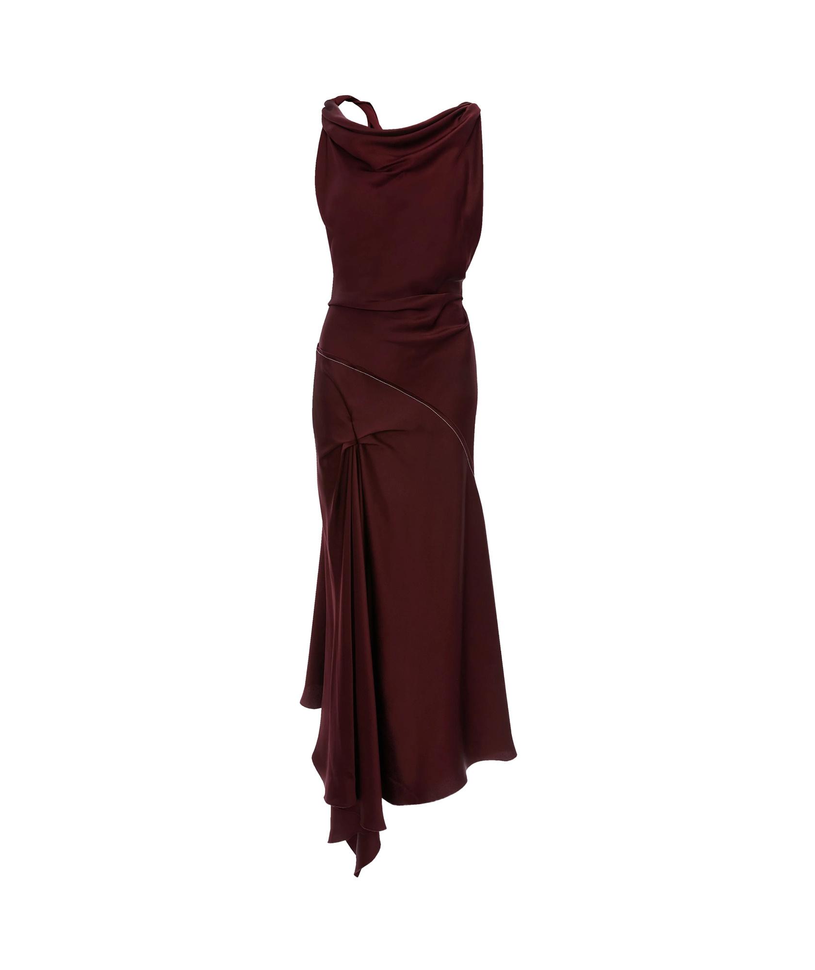 VICTORIA BECKHAM Asymmetric Draped Sleeveless Satin Midi Dress In Burgundy Product Image