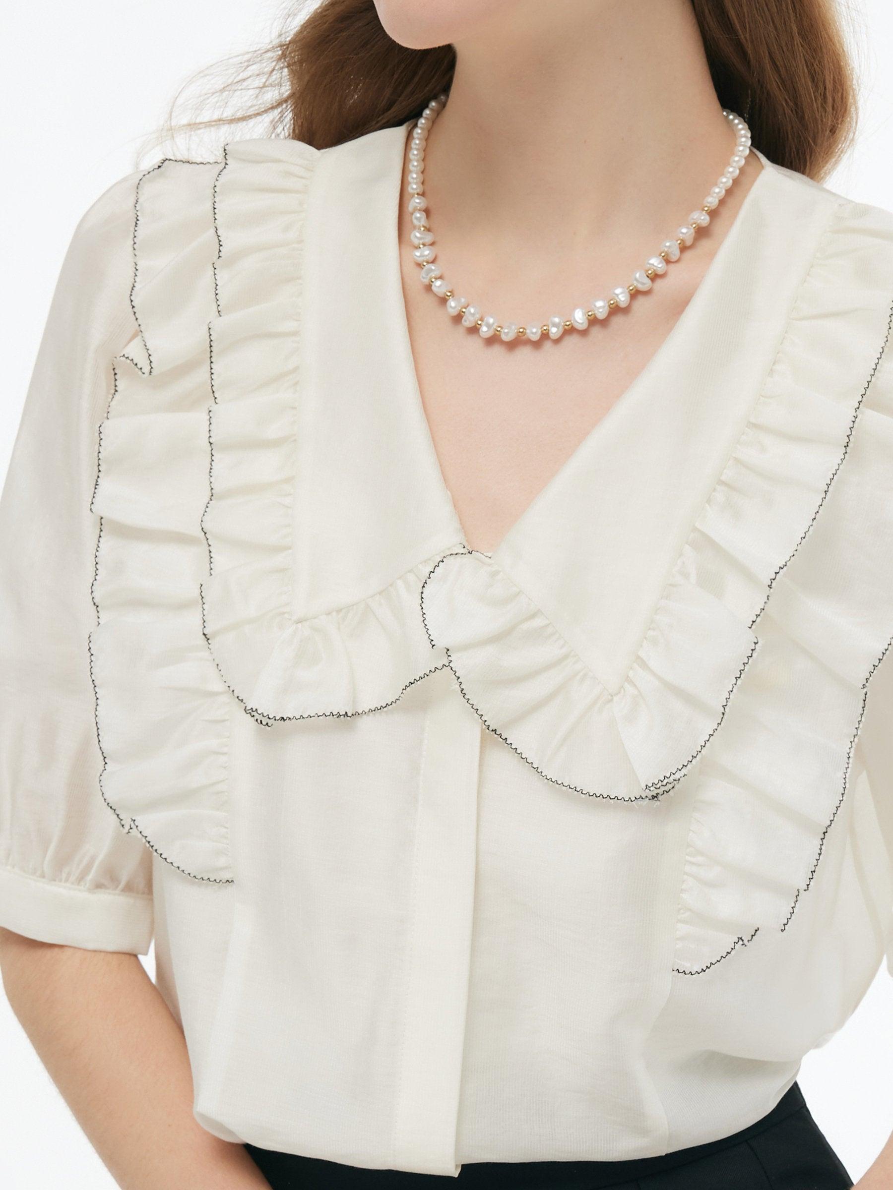 Tencel Blend Ruffle V-Neck Women Shirt With Layered Camisole Product Image