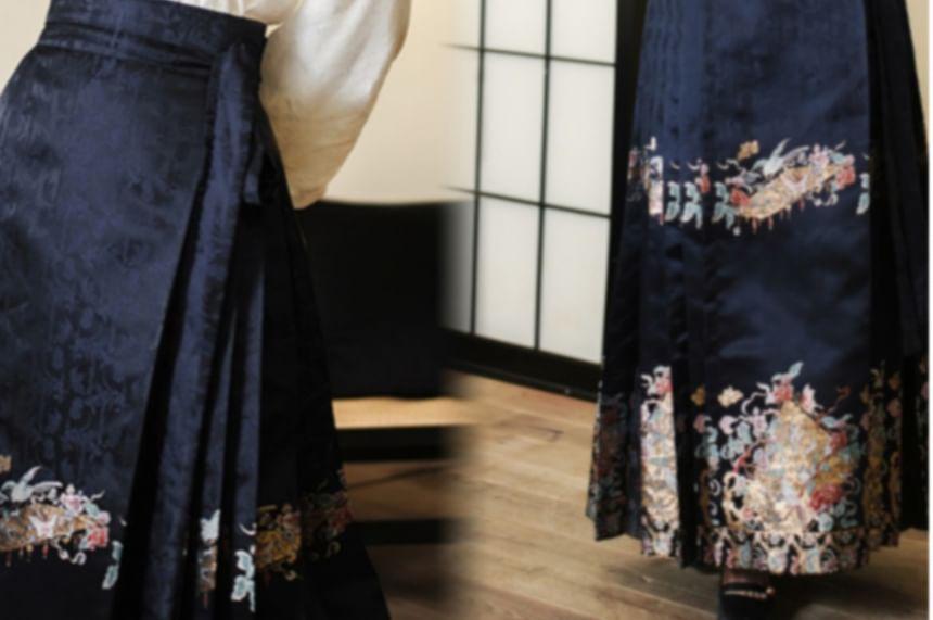 Long-Sleeve Plain Hanfu Top / High Waist Floral Maxi Ma Mian Skirt / Set Product Image