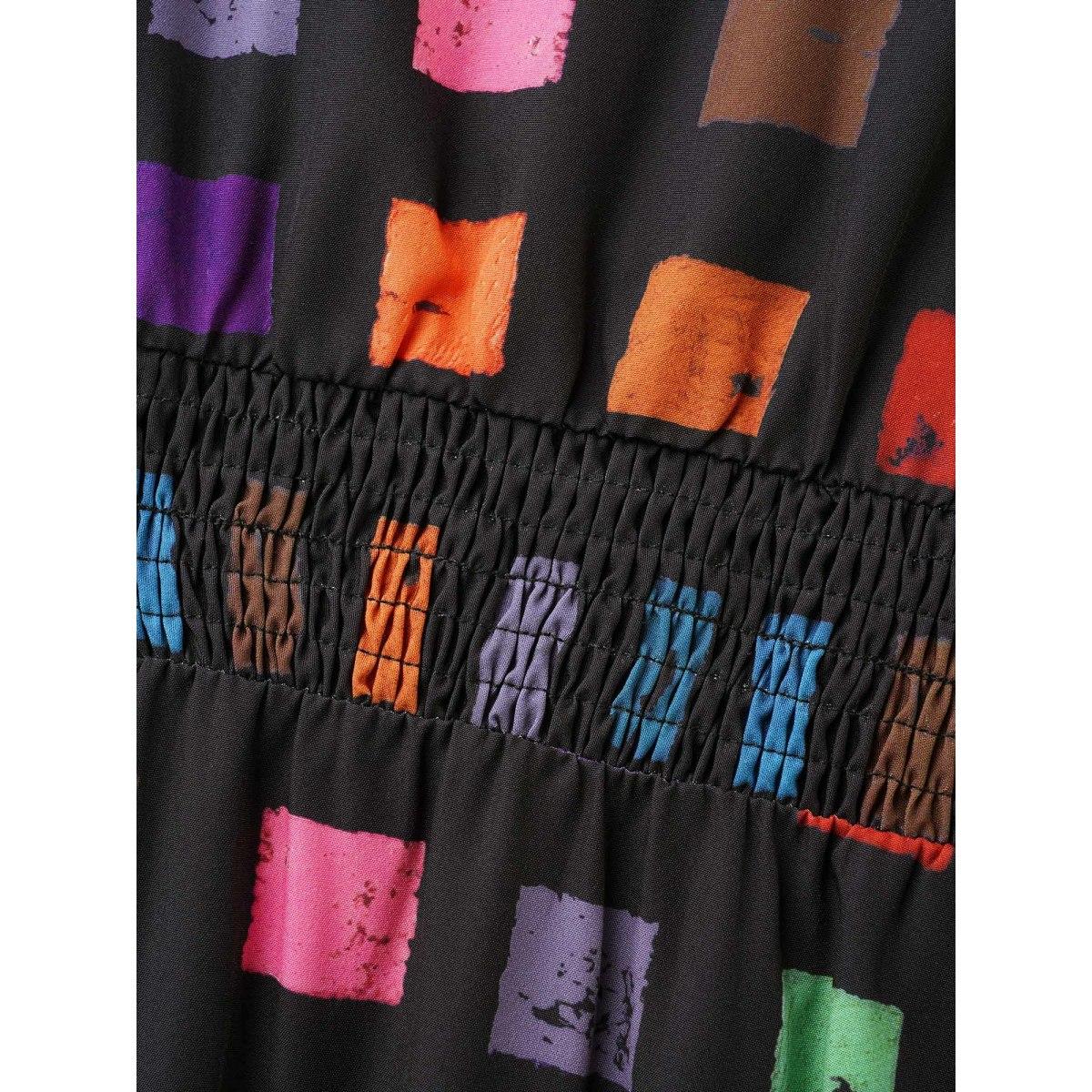 Plus Size Colorblock Contrast Shirred Lantern Sleeve Dress BlackFlower Women Casual Shirred V-neck Elbow-length sleeve Curvy BloomChic 12/L Product Image