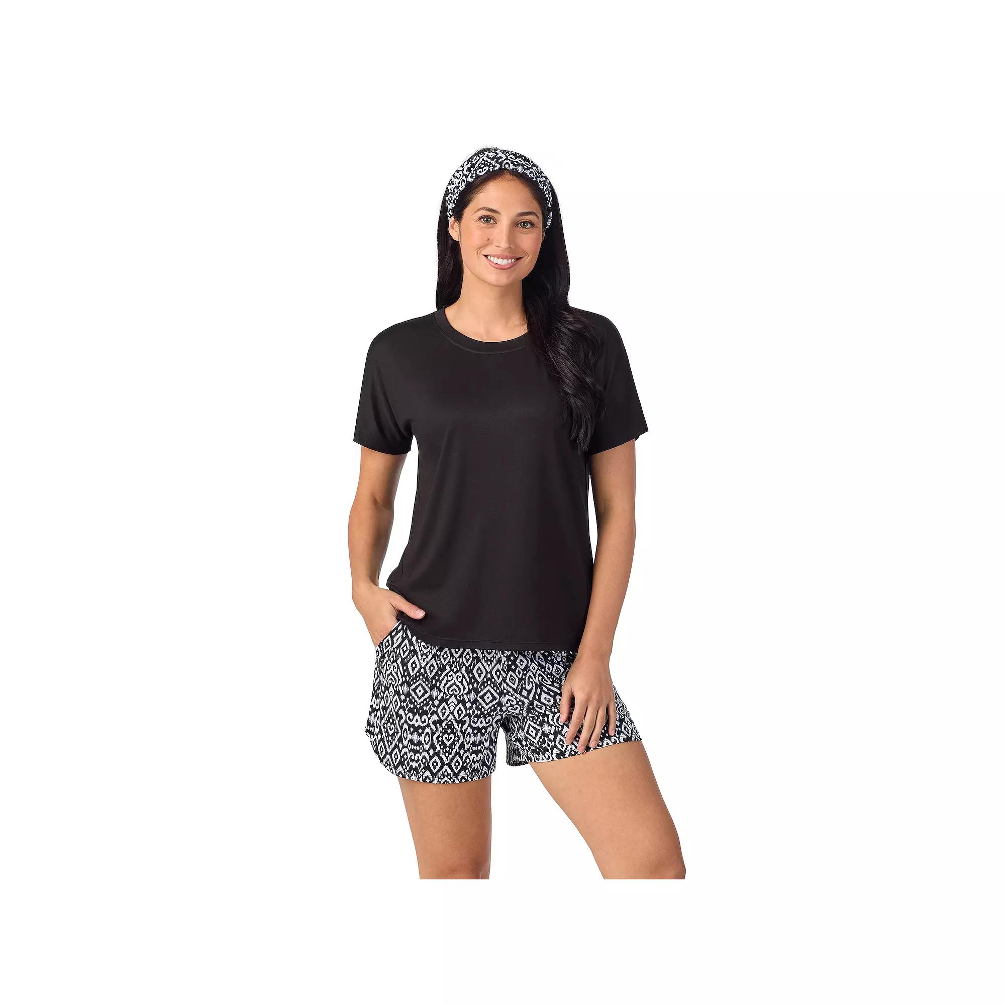 Women's Cuddl Duds® Short Sleeve Pajama Top & Pajama Shorts Set with Matching Headband, Size: XS, Black Ikat Border Product Image