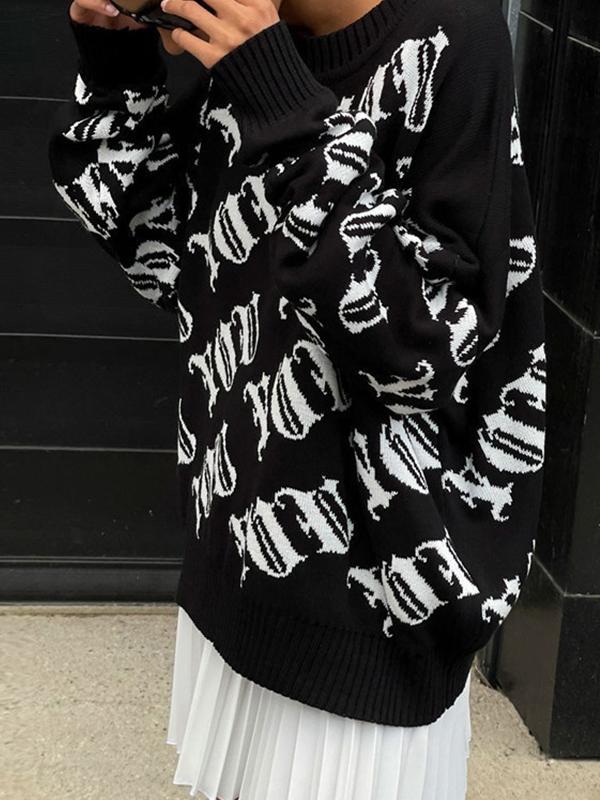 Street Irregular Jacquard Crew Neck Sweater Product Image
