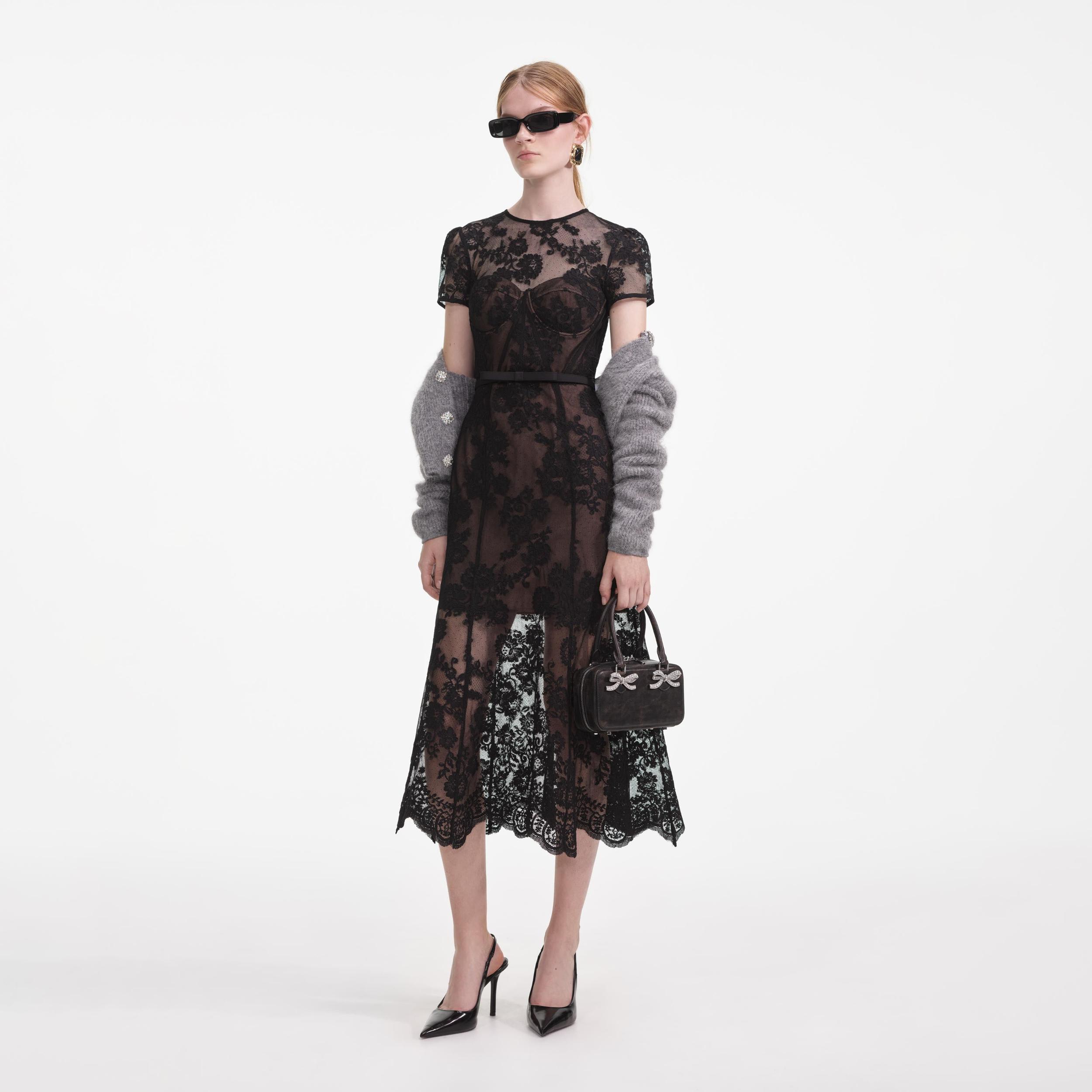 Black Lace Bustier Midi Dress Product Image