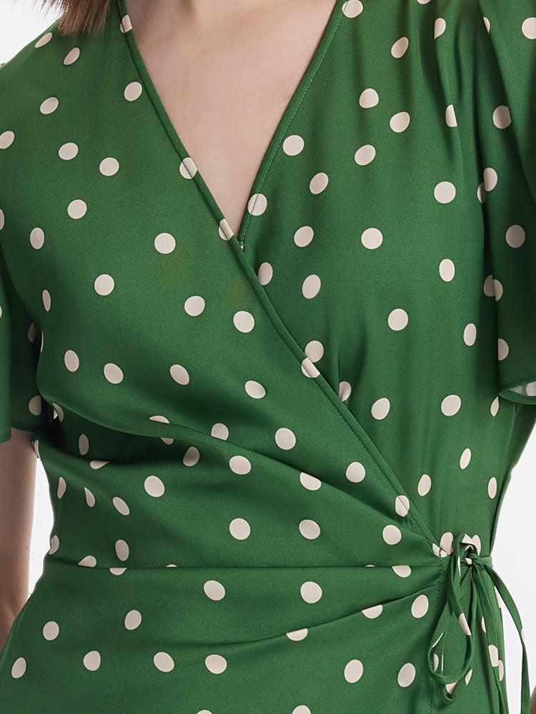 19 Momme Mulberry Silk Polka Dots Print Ruffle Women Mini Dress With S Product Image