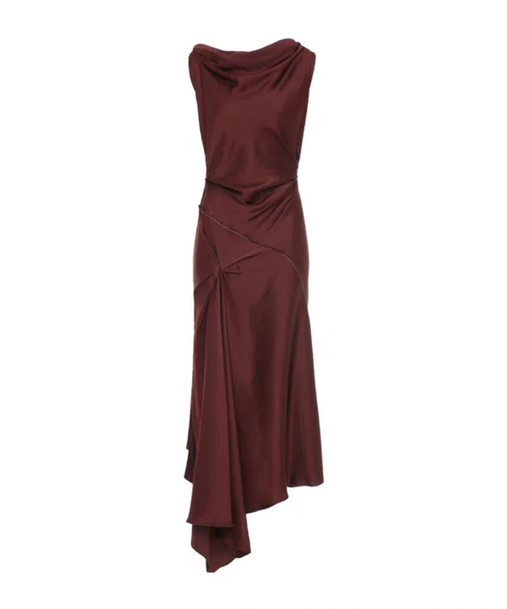 VICTORIA BECKHAM Asymmetric Draped Sleeveless Satin Midi Dress In Burgundy Product Image