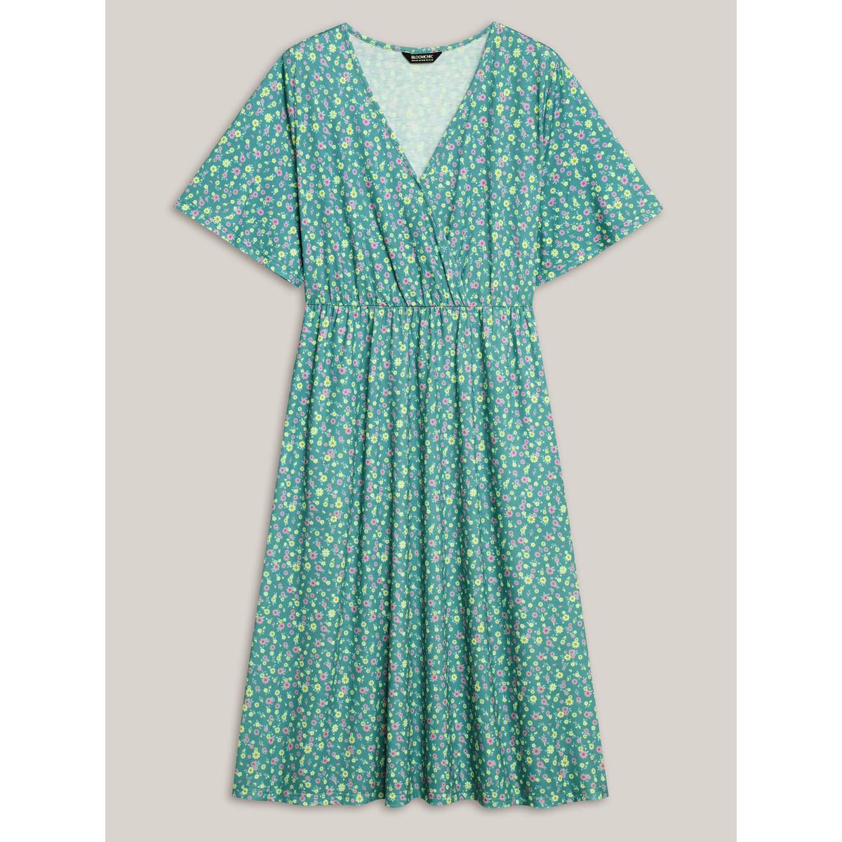 Plus Size Floral Print Surplice Neck Midi Dress Mint Women Overlap Collar Short sleeve Curvy BloomChic 22-24/3X Product Image