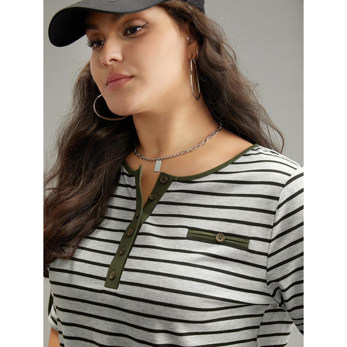 Plus Size Striped Contrast Button Up Tab Sleeve T-shirt Gray Women Casual Contrast Striped Open Front Everyday T-shirts BloomChic 14-16/1X Product Image