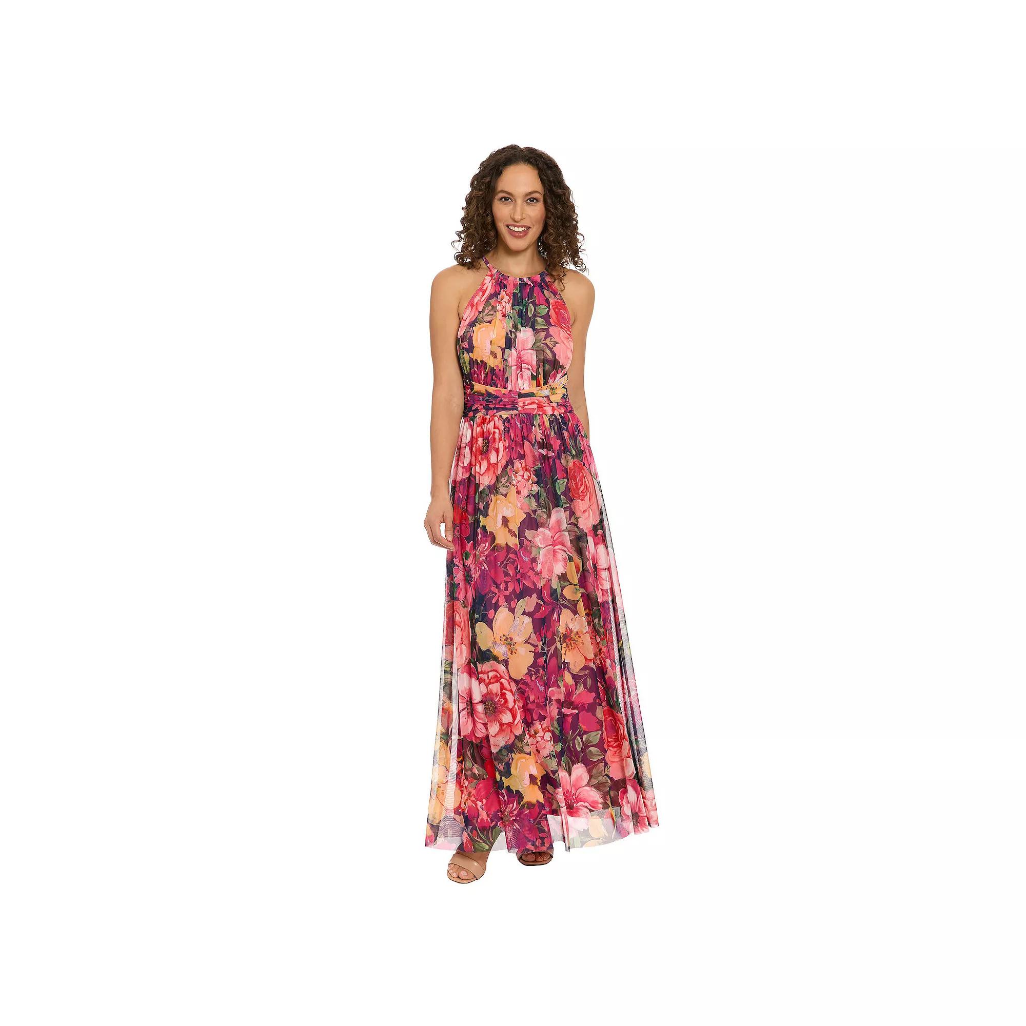 Women's London Times Floral Halter Ruched Maxi Dress, Size: 14, Navy Pink Product Image
