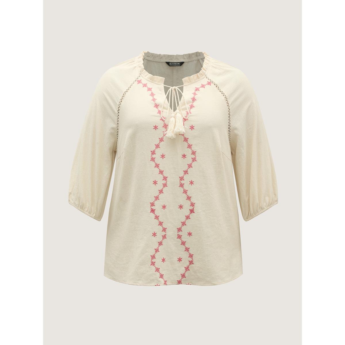 Plus Size Ivory Cotton Lace Embroidered Shirred Neck-Tie Blouse Women Elbow-length sleeve Flat collar with V-notch Vacation Blouses BloomChic 14-16/1X Product Image