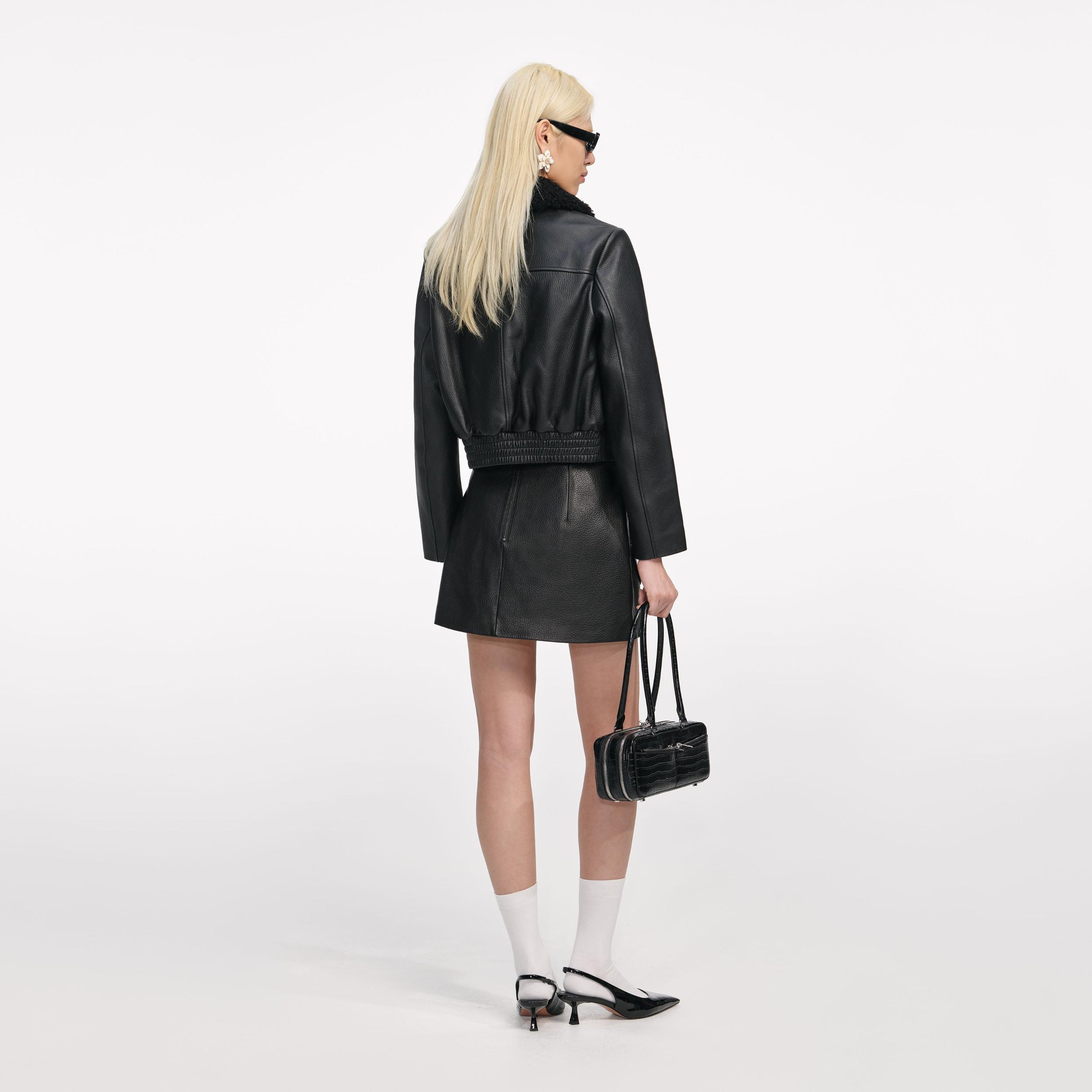 Black Cropped Leather Jacket Product Image