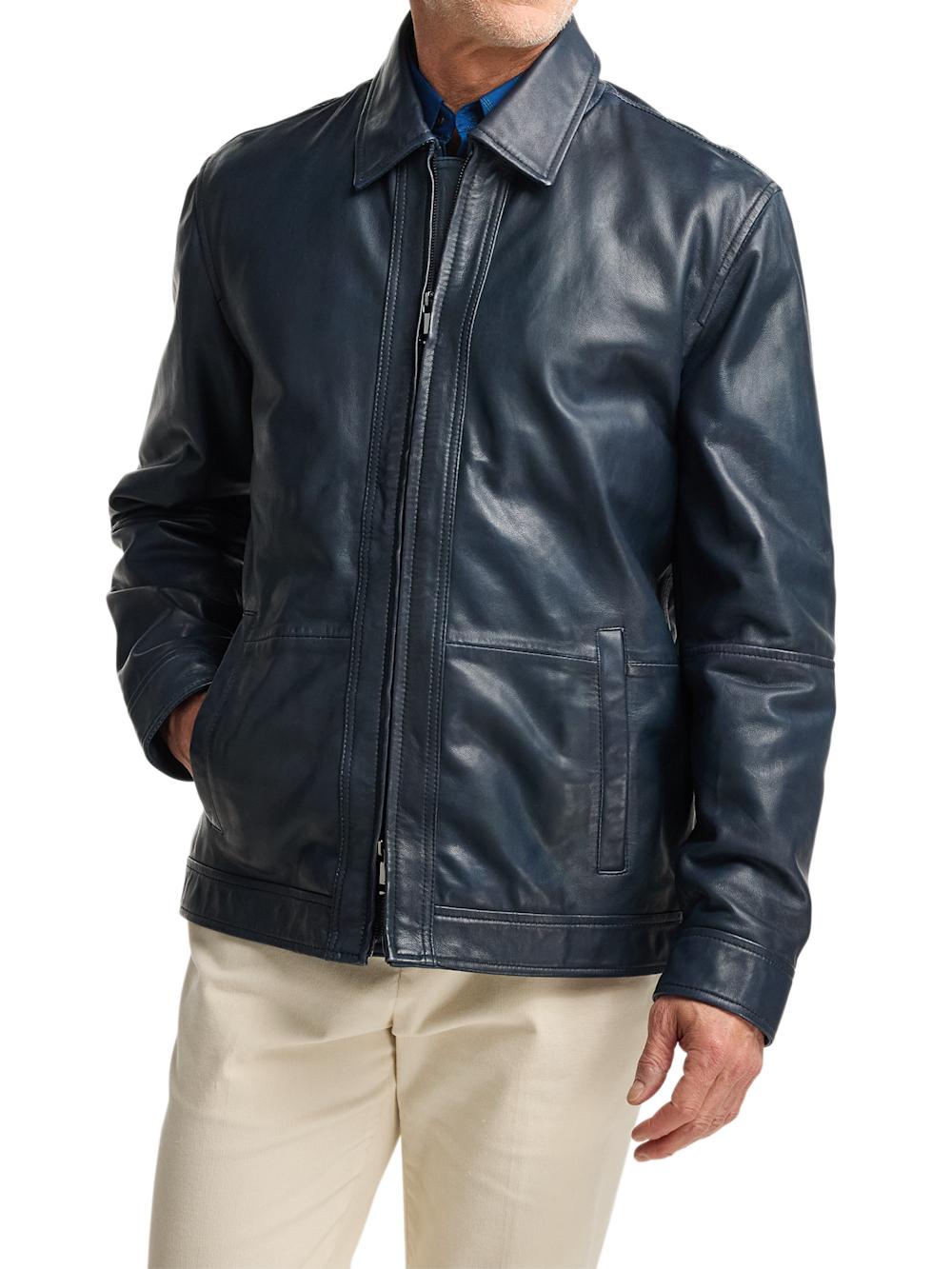 Leather Bomber Jacket - Navy Product Image