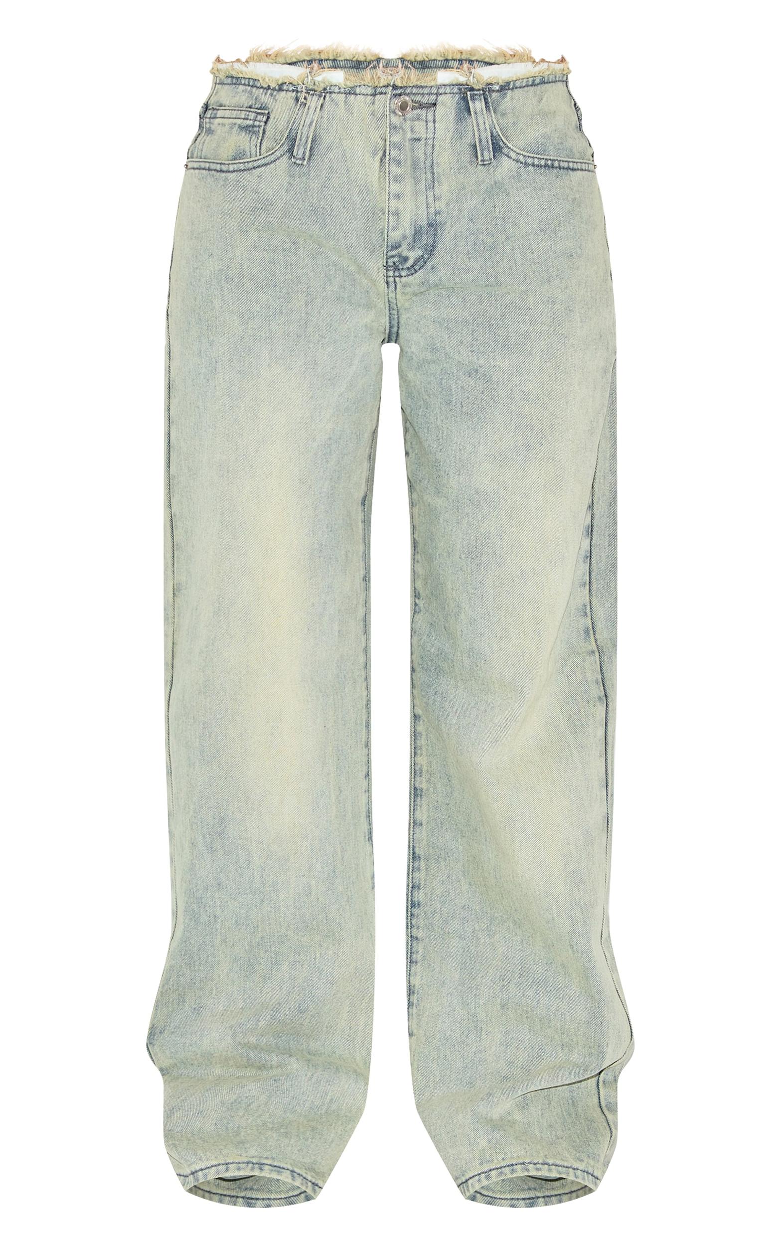 Petite Vintage Wash Fray Waist Low Rise Straight Leg Jeans Product Image