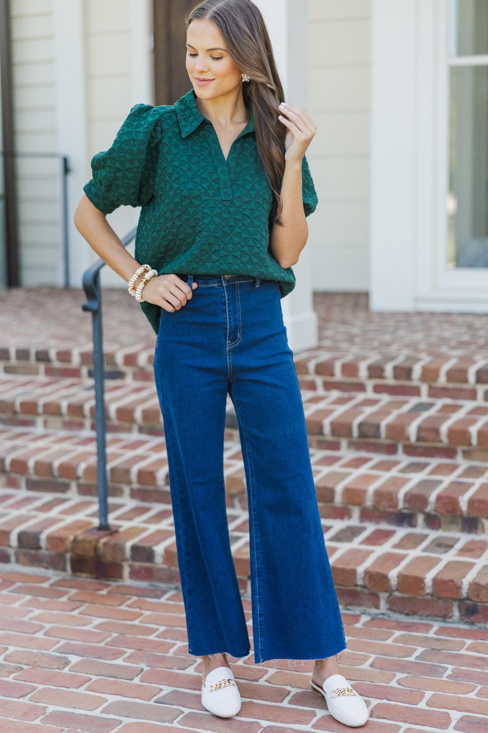 Worth Your While Hunter Green Textured Blouse Female Product Image