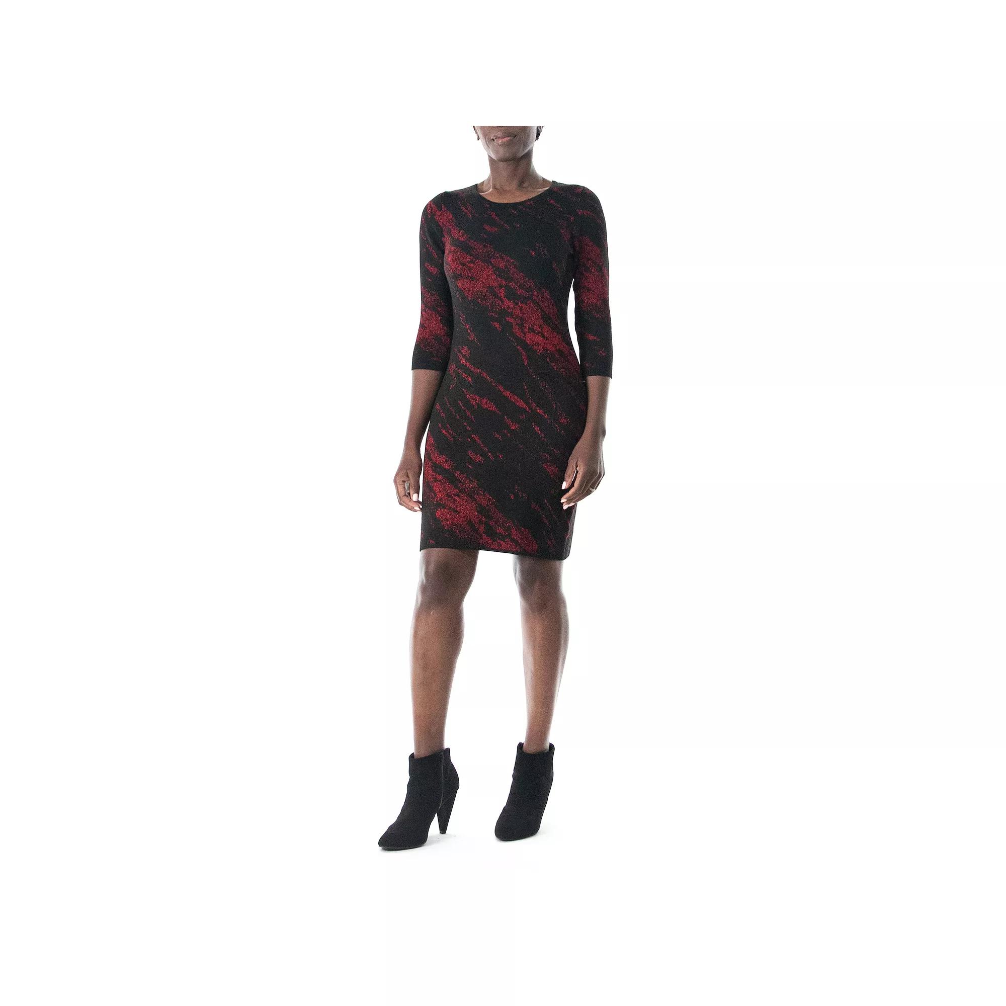 Women's Nina Leonard Three Quarter Jewelneck Sheath Sweater Dress, Size: Small, Black Red Product Image
