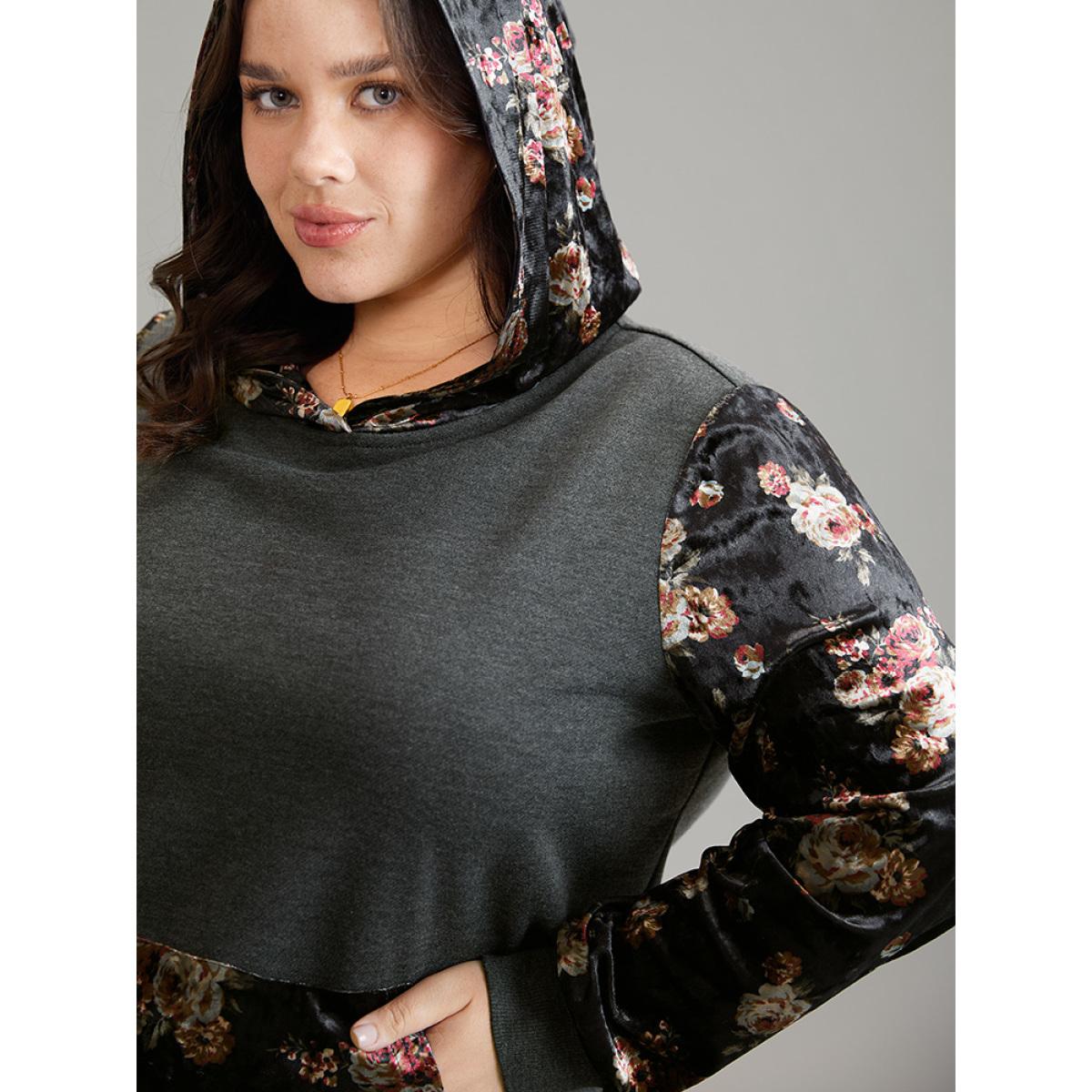Plus Size Velvet Patchwork Floral Print Kangaroo Pocket Sweatshirt Women DimGray Elegant Velvet Hooded Dailywear Sweatshirts BloomChic 12/L Product Image