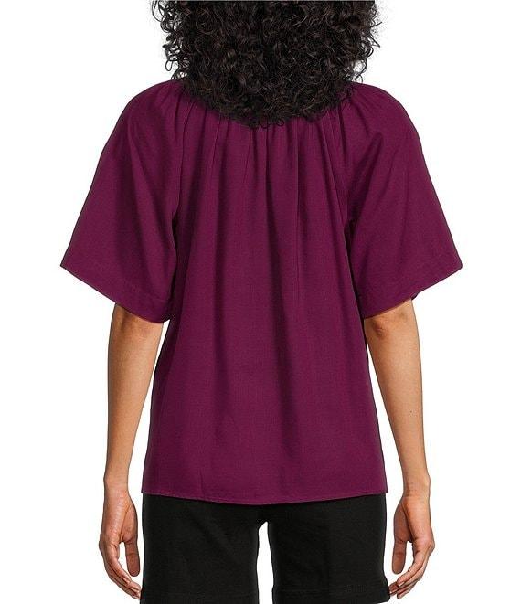 Westbound Woven Short Sleeve Y-Neck Button Front Top Product Image