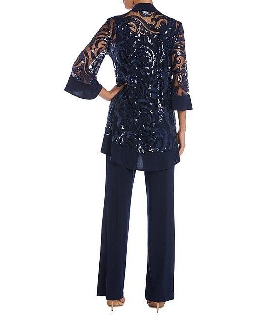 R & M Richards Swirl Sequin Scoop Neck 3/4 Sleeve Jacket 3-Piece Set Product Image