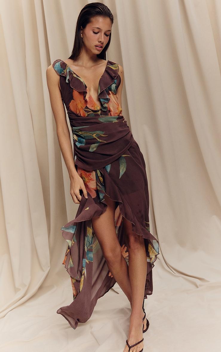 Brown Floral Chiffon Frill Plunge Strappy Maxi Dress Product Image