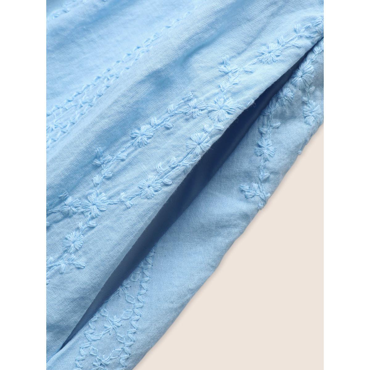 Plus Size Floral Chain Embroidered Ruched Midi Dress LightBlue Women Elegant Heart neckline Short sleeve Curvy BloomChic 12/L Product Image