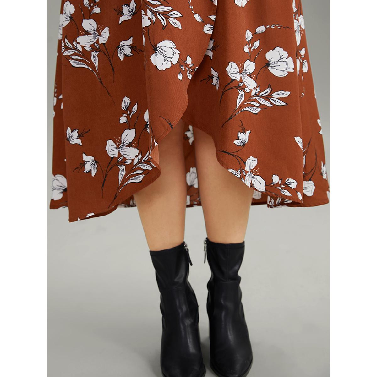 Plus Size Floral Print Wrap Hem Ties Dress Rust Women Elegant Elastic cuffs Overlap Collar Long Sleeve Curvy Midi Dress BloomChic 14-16/1X Product Image