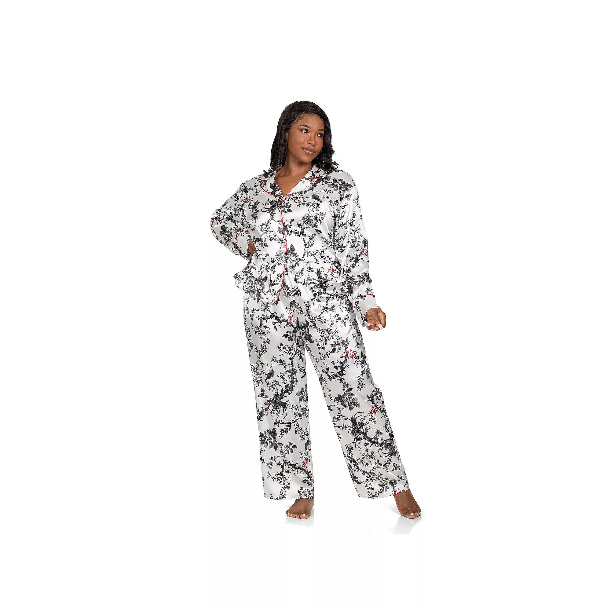 Plus Size Lilac+London Satin Notch Collar Pajama Top & Pajama Bottoms Set, Women's, Size: 1XL, Ivory Black Product Image