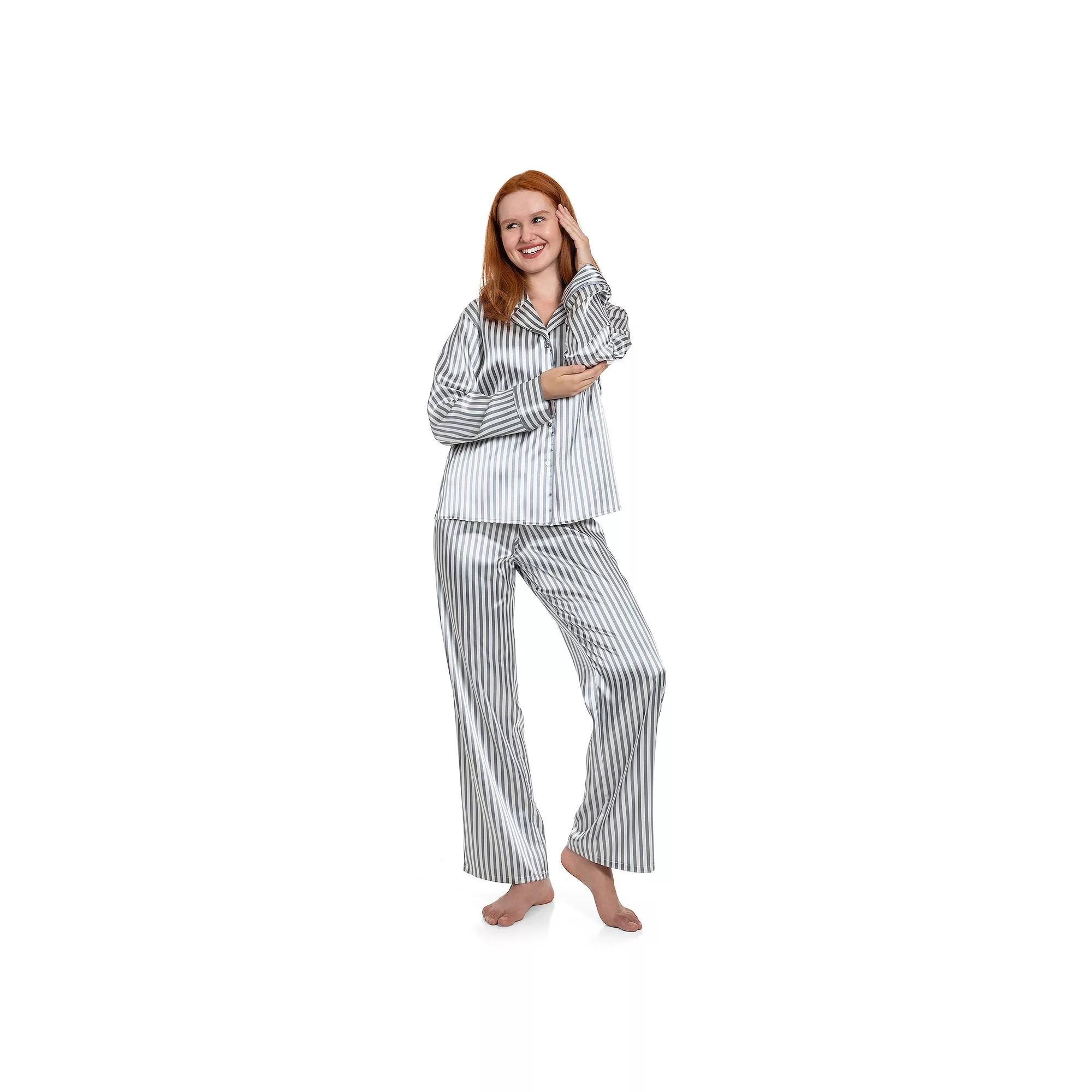 Women's Lilac+London Long Satin Notch Collar Pajama Top & Pajama Bottoms Set,  Product Image