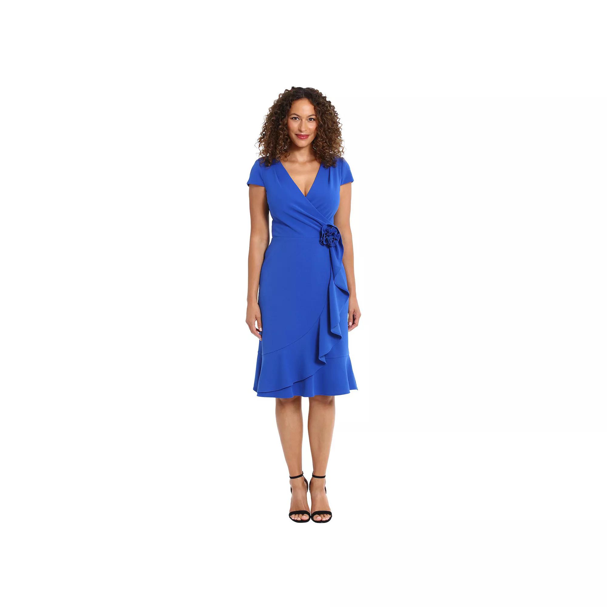 Women's London Times Rosette Wrap Cascade Ruffle Dress, Size: 16, Blue Product Image