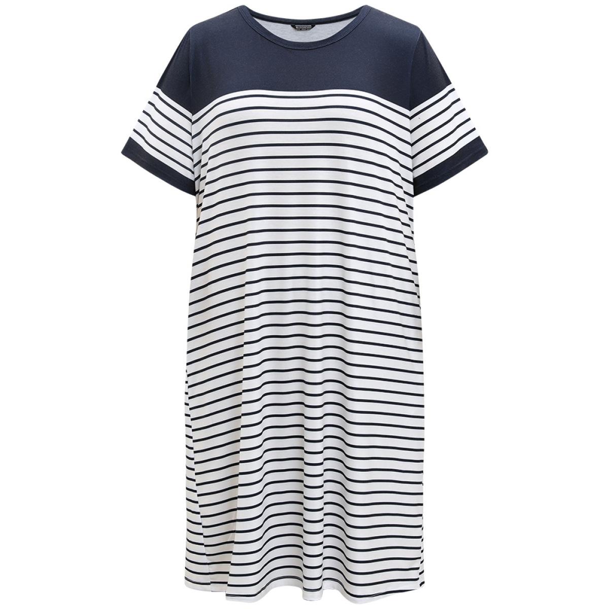 Plus Size Striped Print Patchwork Pocket Round Neck Dress DarkBlue Women Elegant Contrast Round Neck Short sleeve Curvy Knee Dress BloomChic 18-20/2X Product Image