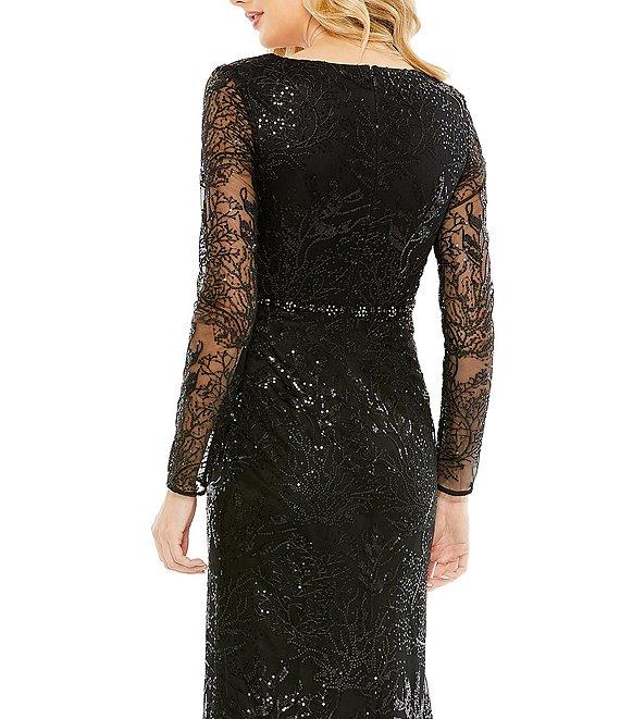 Mac Duggal Sequin Long Sleeve Surplice V-Neck Beaded Sheath Gown Product Image