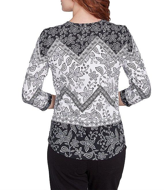 Ruby Rd. Cotton Mixed Print Square Neck 3/4 Sleeve Top Product Image