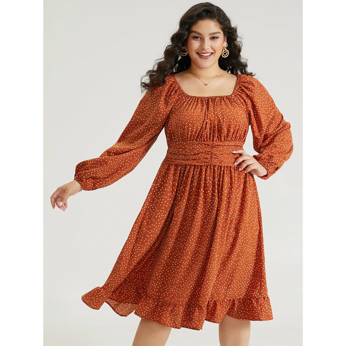 Plus Size Polka Dot Ruched Square Neck Dress Rust Women Elegant Elastic cuffs Square Neck Long Sleeve Curvy Midi Dress BloomChic 12/L Product Image