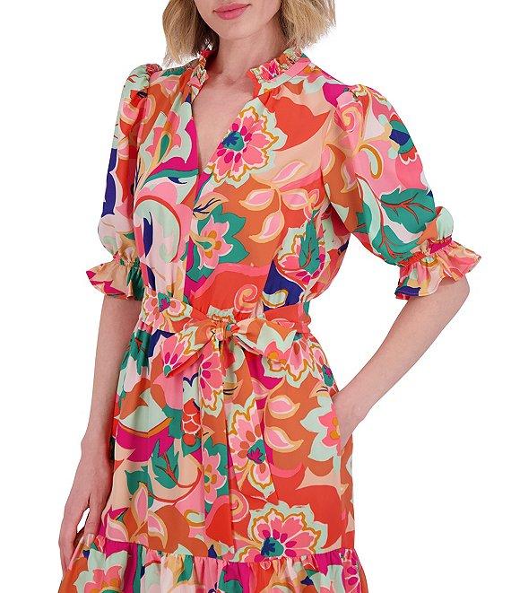 Eliza J Floral Print V Neck Short Puff Sleeve Waist Tie Belt A-Line Dress Product Image