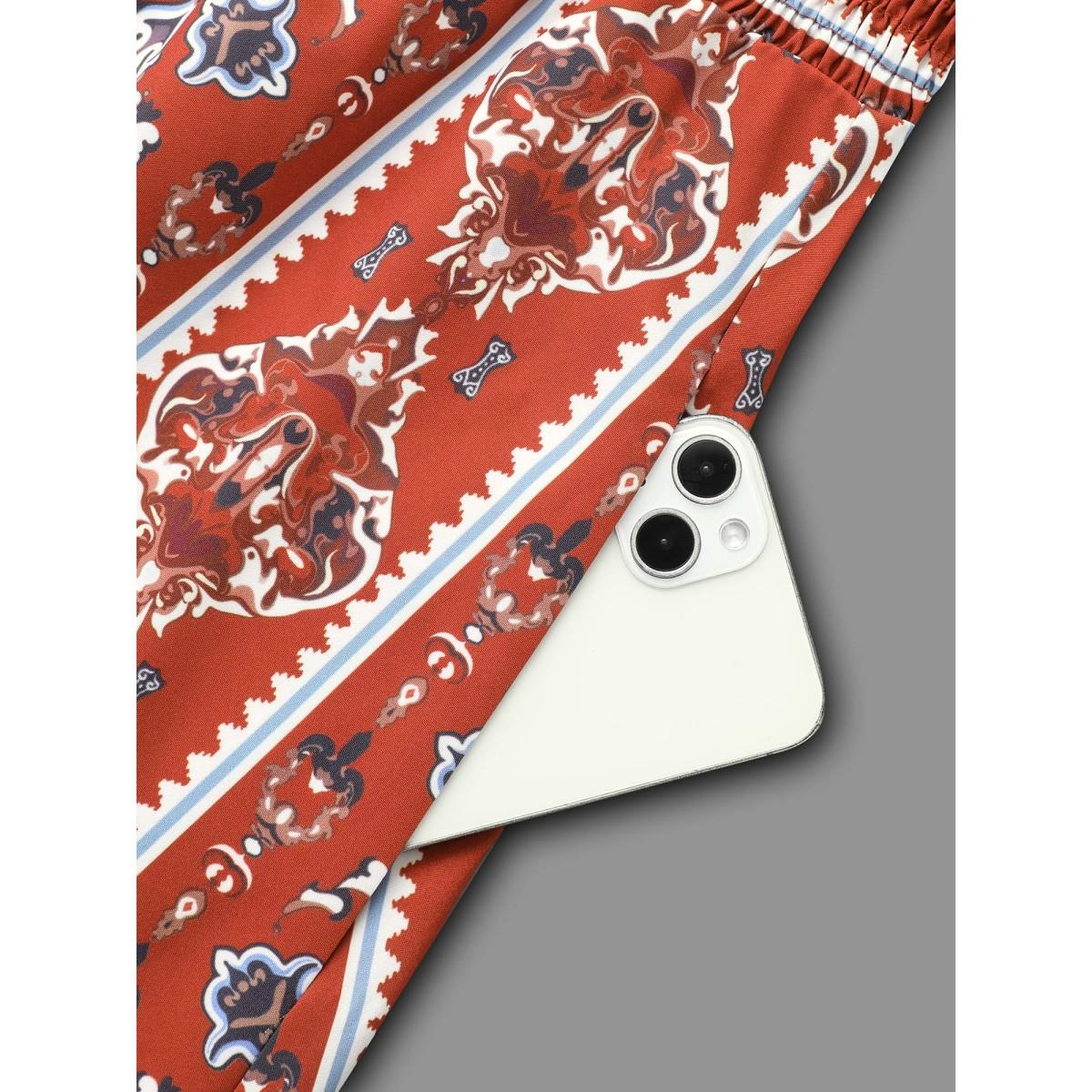 Plus Size Boho Print Shirred Tie Knot Midi Dress Russet Women Resort Tie knot V-neck Elbow-length sleeve Curvy BloomChic 30/6X Product Image