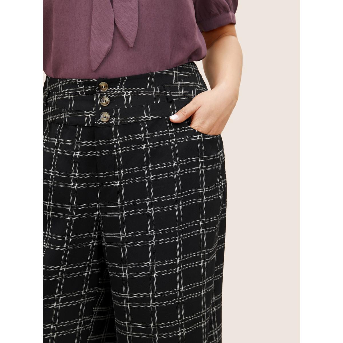Plus Size Plaid Button Detail Slanted Pocket Wide Leg Pants Women Black At the Office Wide Leg High Rise Work Pants BloomChic 12/L Product Image