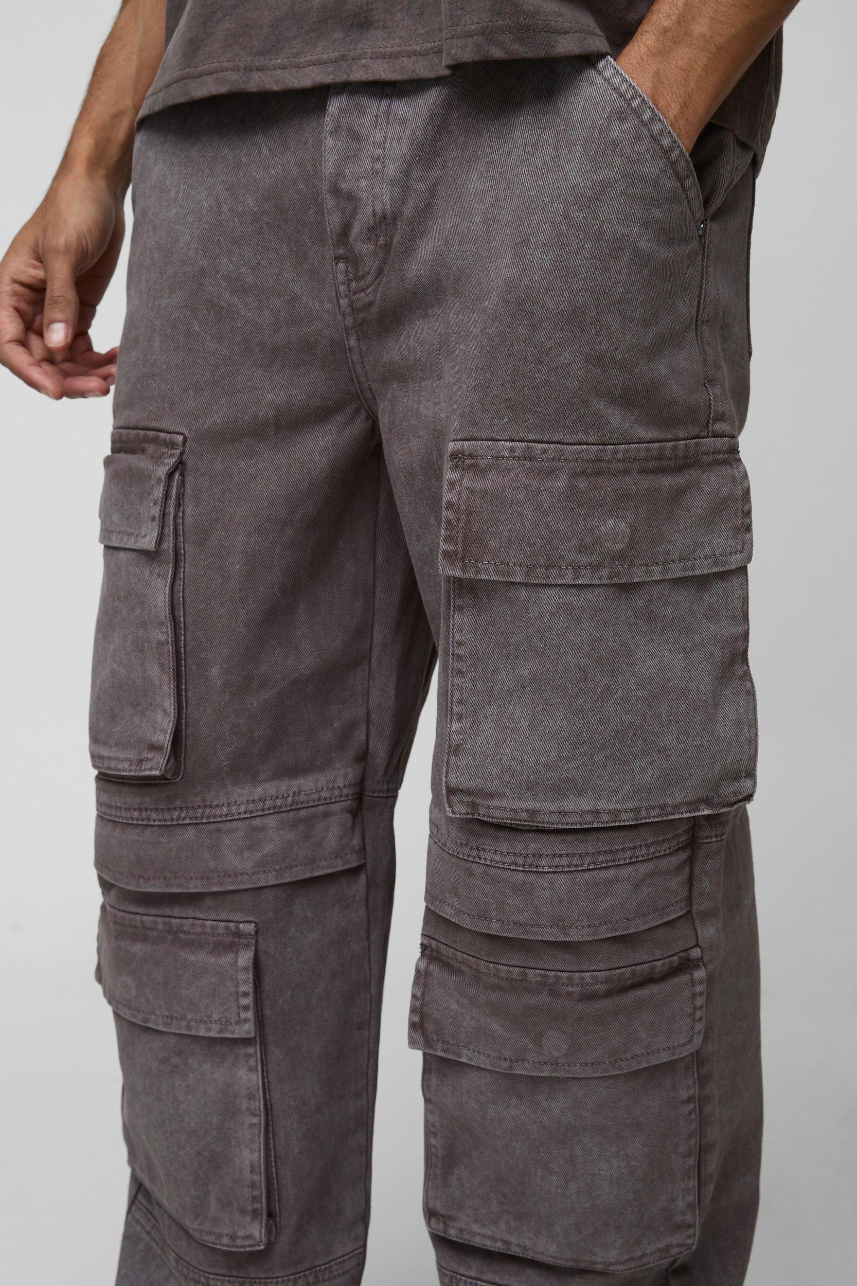Relaxed Rigid Acid Washed Multi Pocket Cargo Denim Jeans | boohooMAN USA Product Image