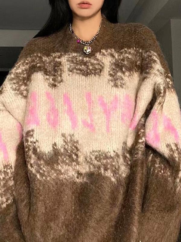 Fuzzy Contrast Color Print Oversized Sweater Product Image
