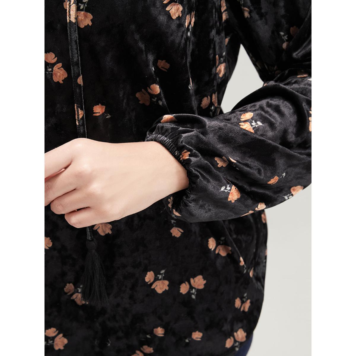 Plus Size Black Floral Lantern Sleeve Tassels Tie Neck Velvet Blouse Women Party Long Sleeve Tie Neck Going out Blouses BloomChic 10/M Product Image