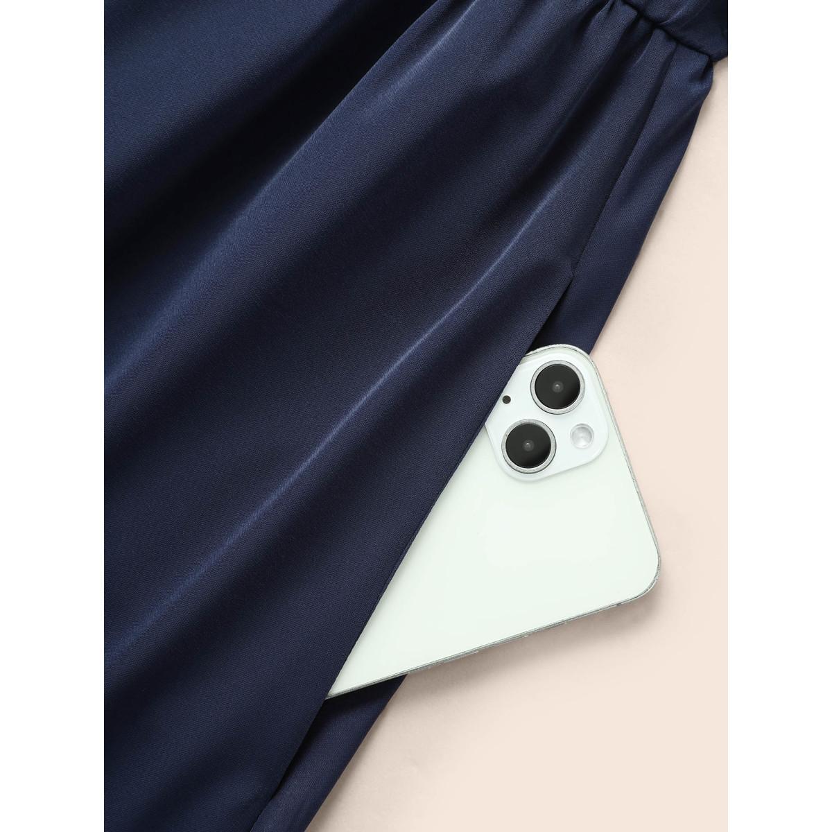 Plus Size Round Neck Lace Patchwork Ruffle Sleeve Dress DarkBlue Women Elegant Woven ribbon&lace trim Round Neck Short sleeve Curvy BloomChic 26/4X Product Image