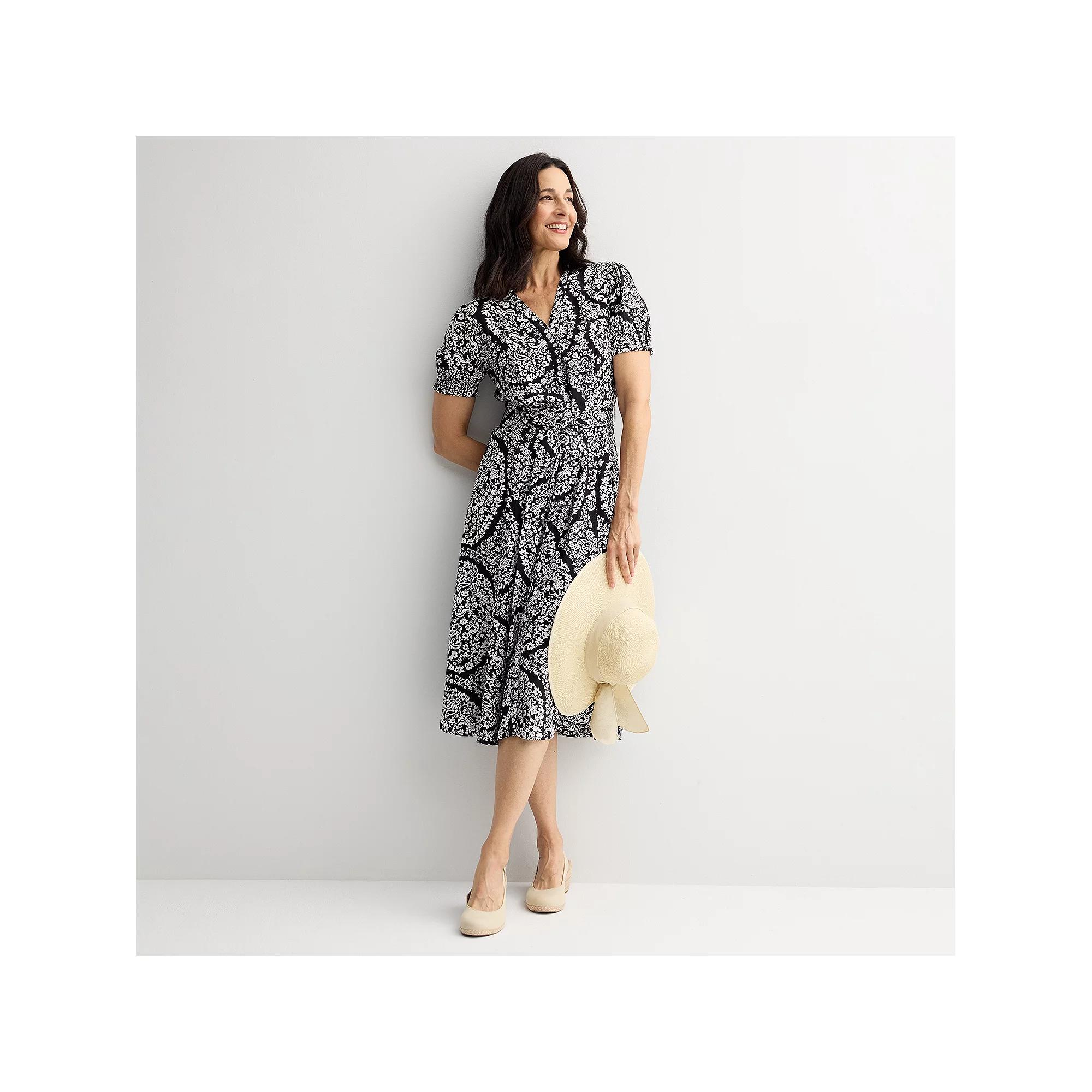 Women's Croft & Barrow® Button Front V-Neck Midi Dress, Size: XS, Black Floral Paisley Product Image