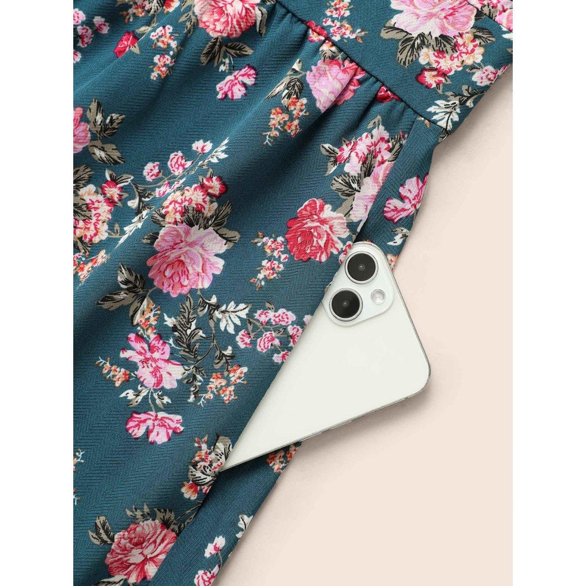Plus Size Floral Overlap Collar Gathered Dress Aegean Women Elegant Shirred Overlap Collar Long Sleeve Curvy BloomChic 26/4X Product Image